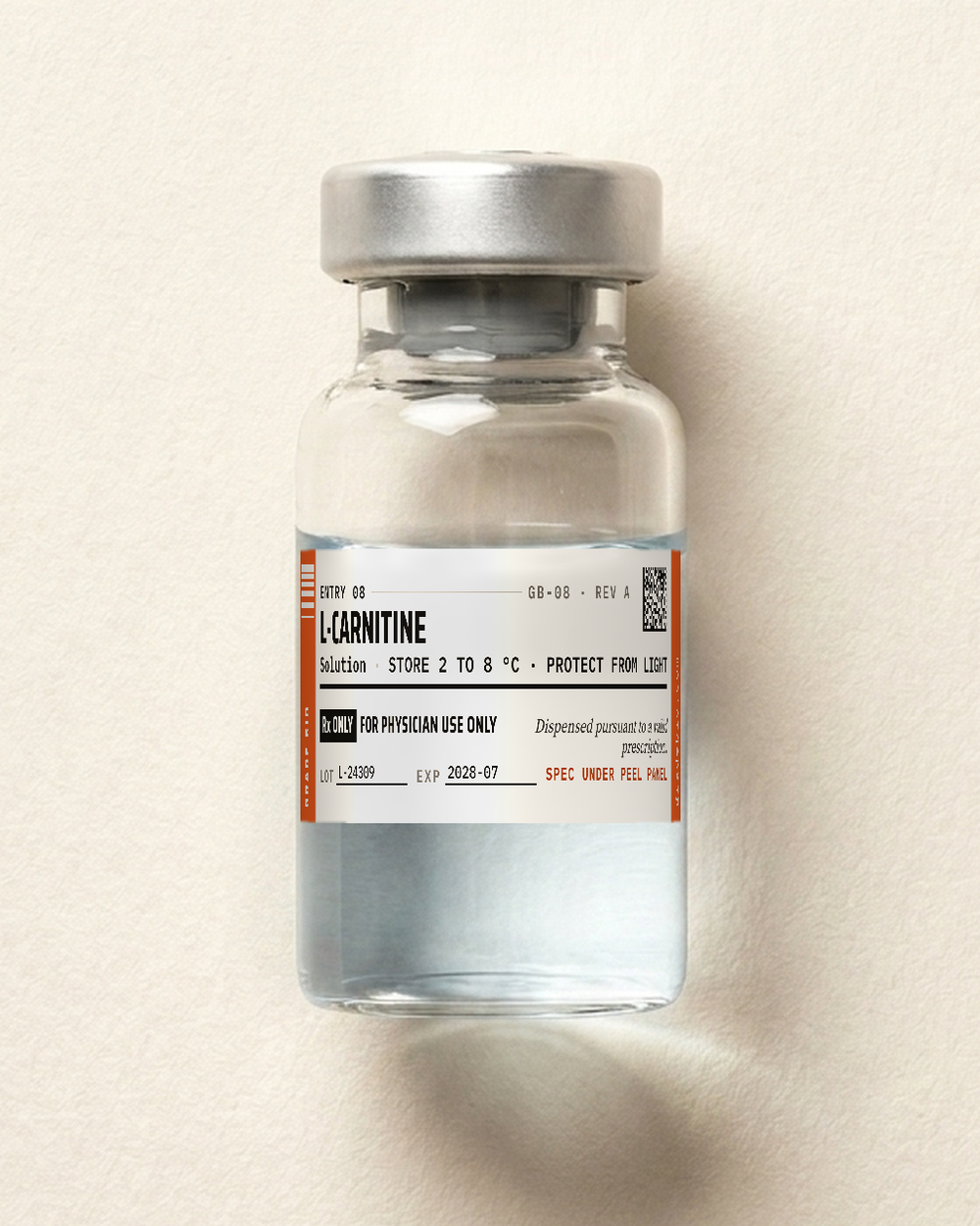 L-Carnitine, clear solution in a sealed vial.