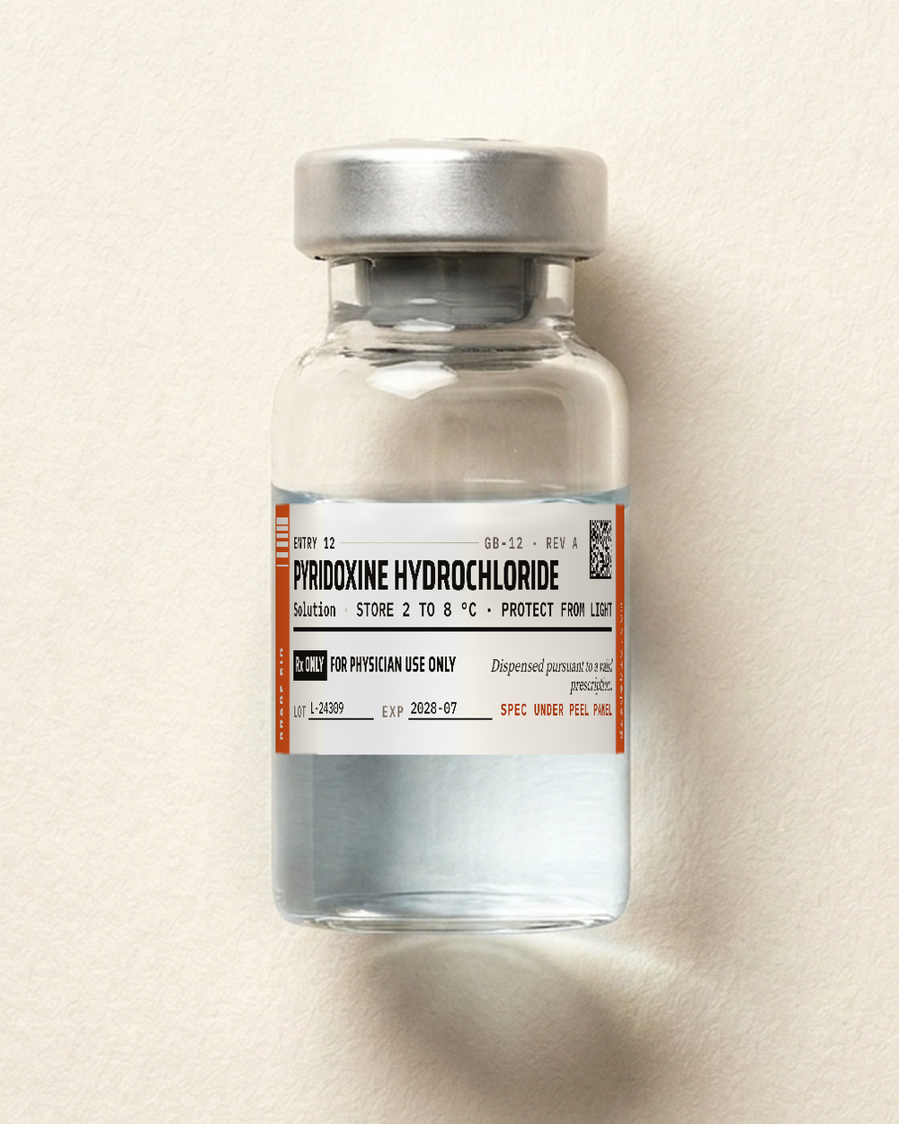 Pyridoxine hydrochloride, clear solution in a sealed vial.
