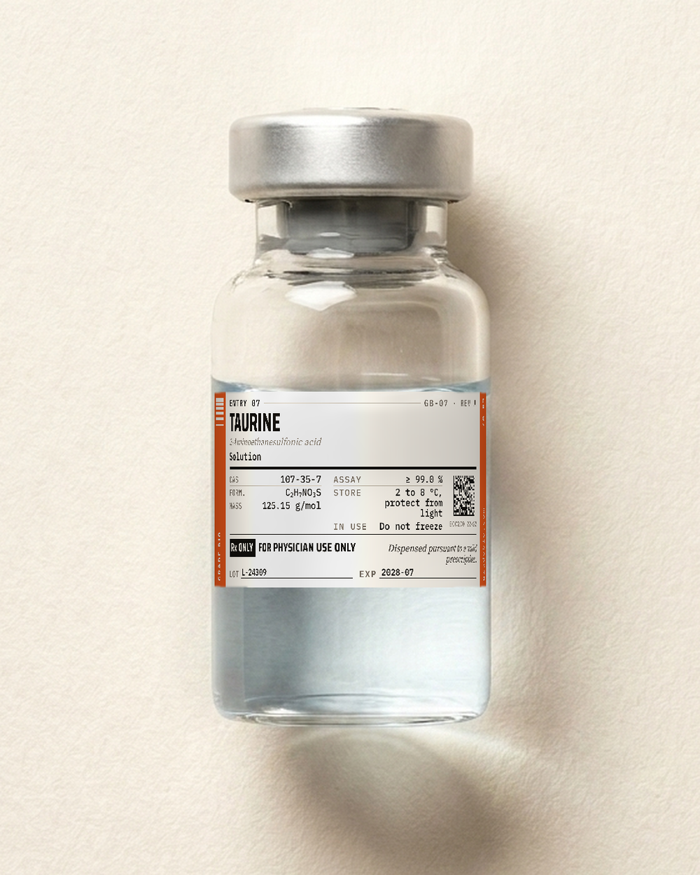 Taurine, clear solution in a sealed vial.